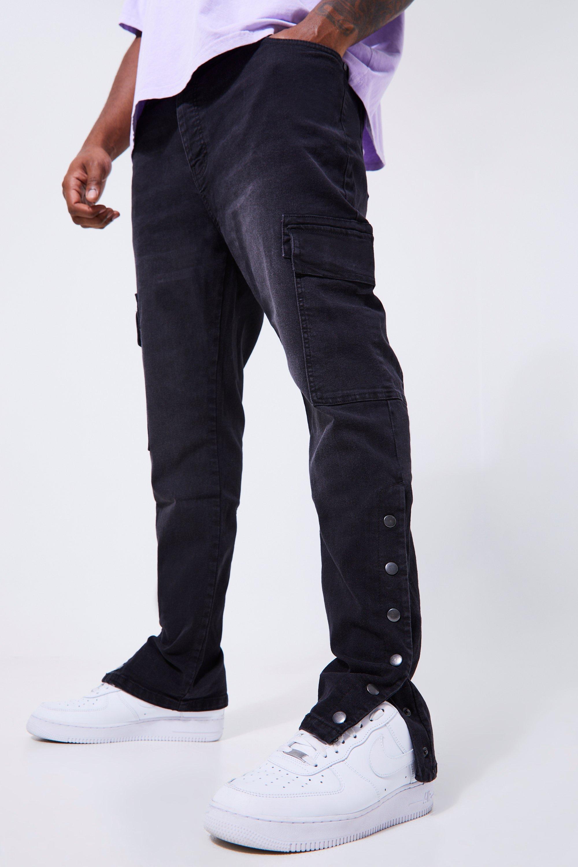 Mens Black Plus Skinny Stretch Popper Hem Cargo Jeans, Black